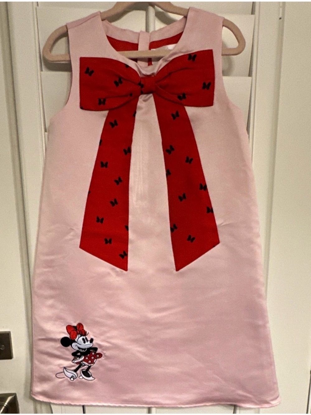 Disney Minnie Mouse Girls 10 Pink Satin Shift Dress Sleeveless Red Bow Zip